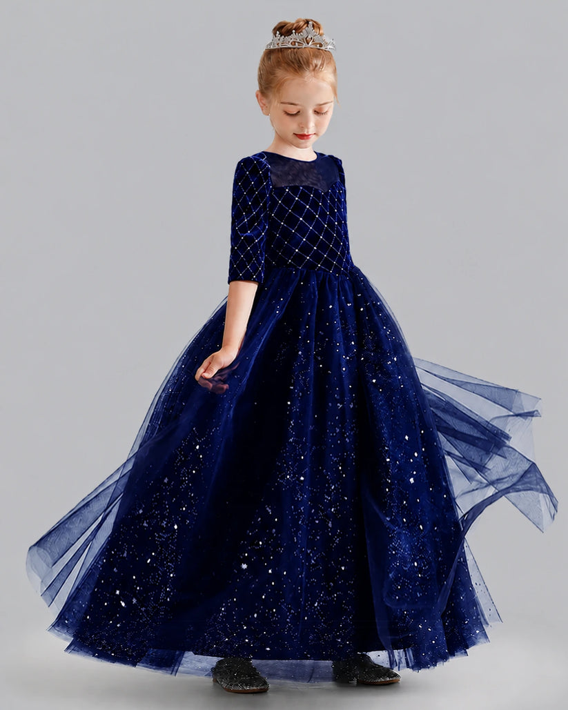 Navy Blue Velvet Satin Tulle A-line Girls Formal Dress Front View