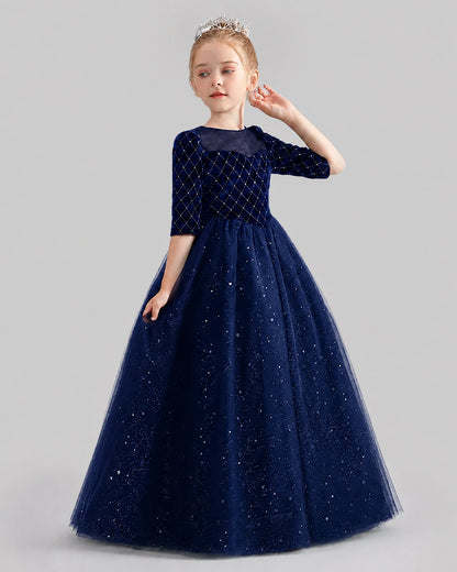 Navy Blue Velvet Satin Tulle A-line Girls Formal Dress Side View