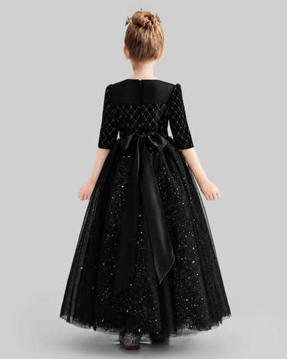 Black Velvet Satin Tulle A-line Girls Formal Dress Back View