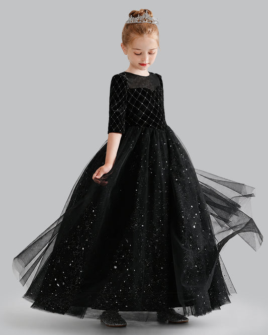 Black Velvet A-line Girls Formal Dress Front View