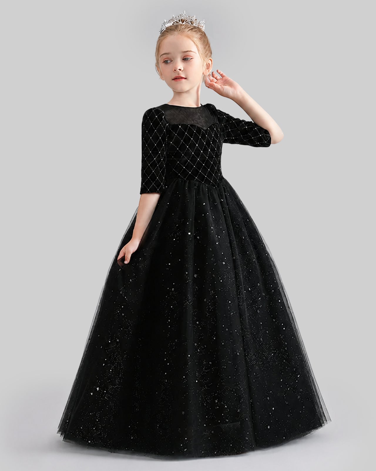 Black Velvet Tulle A-line Girls Formal Dress Side View
