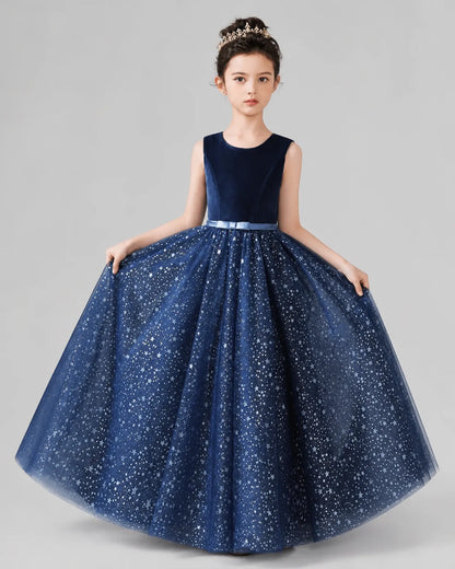 Navy Blue Velvet And Tulle A-line Girls Formal Dress Front View