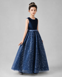 Navy Velvet and Tulle Formal Girls Dress Front View.