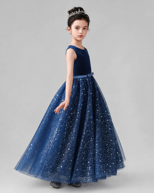 Navy Blue Velvet Tulle A-line Girls Formal Dress Side View