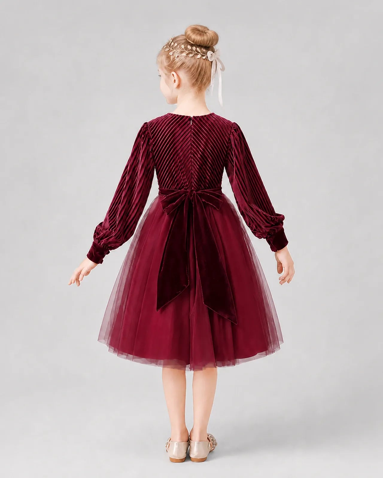 Burgundy Tulle A-line Girls Formal Dress Back View