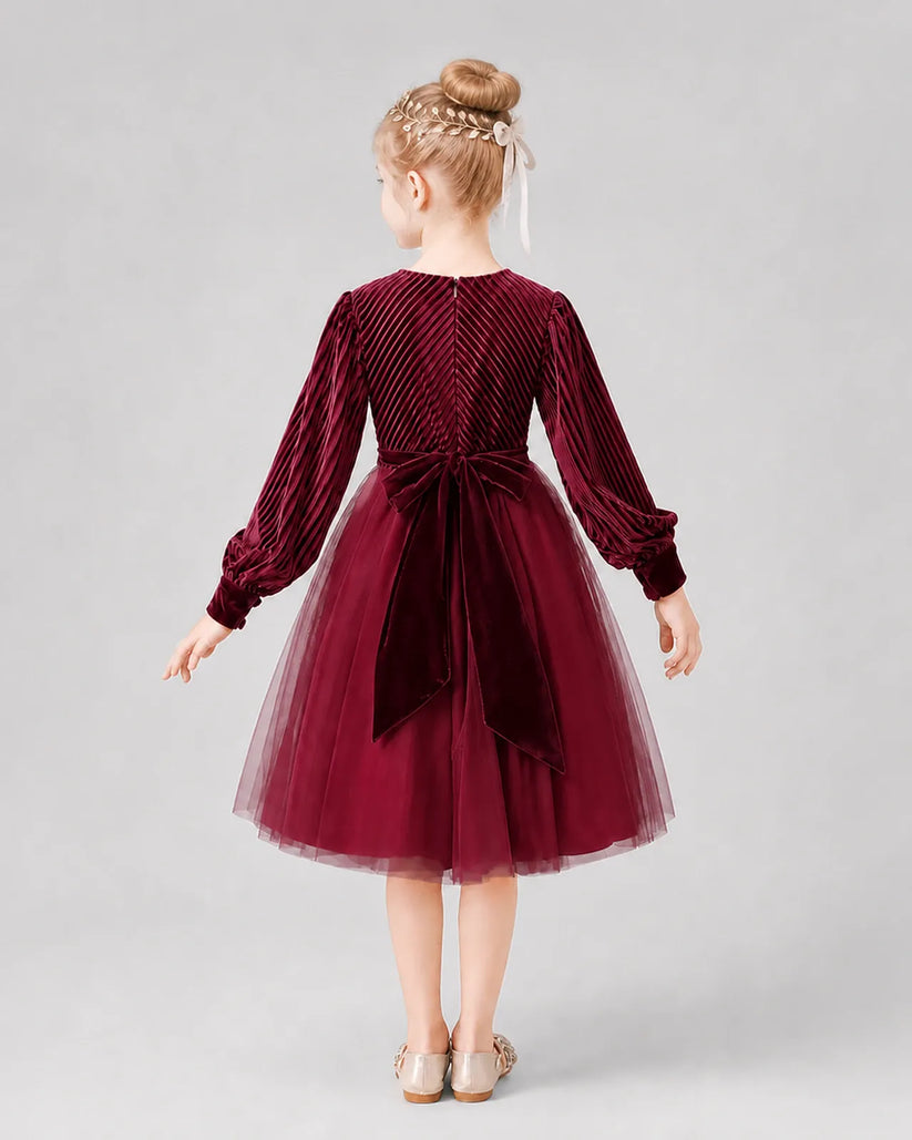 Burgundy Tulle A-line Girls Formal Dress Back View