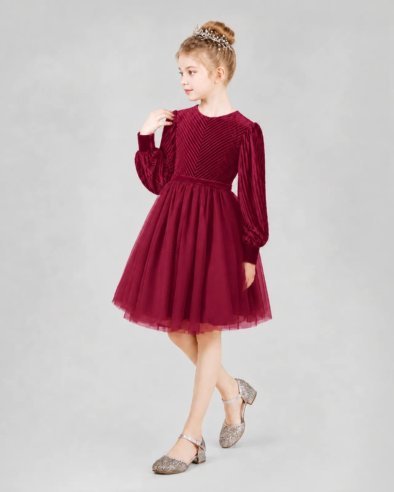 Burgundy Tulle A-line Girls Formal Dress Front View