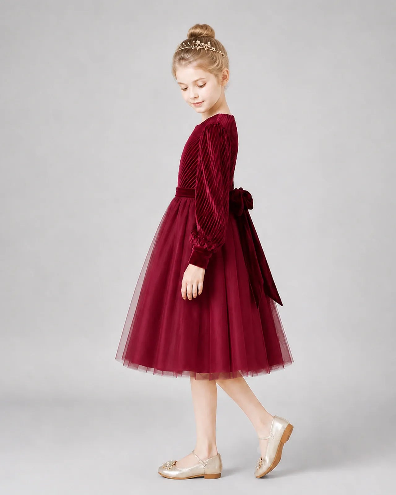 Burgundy Tulle A-line Girls Formal Dress Side View