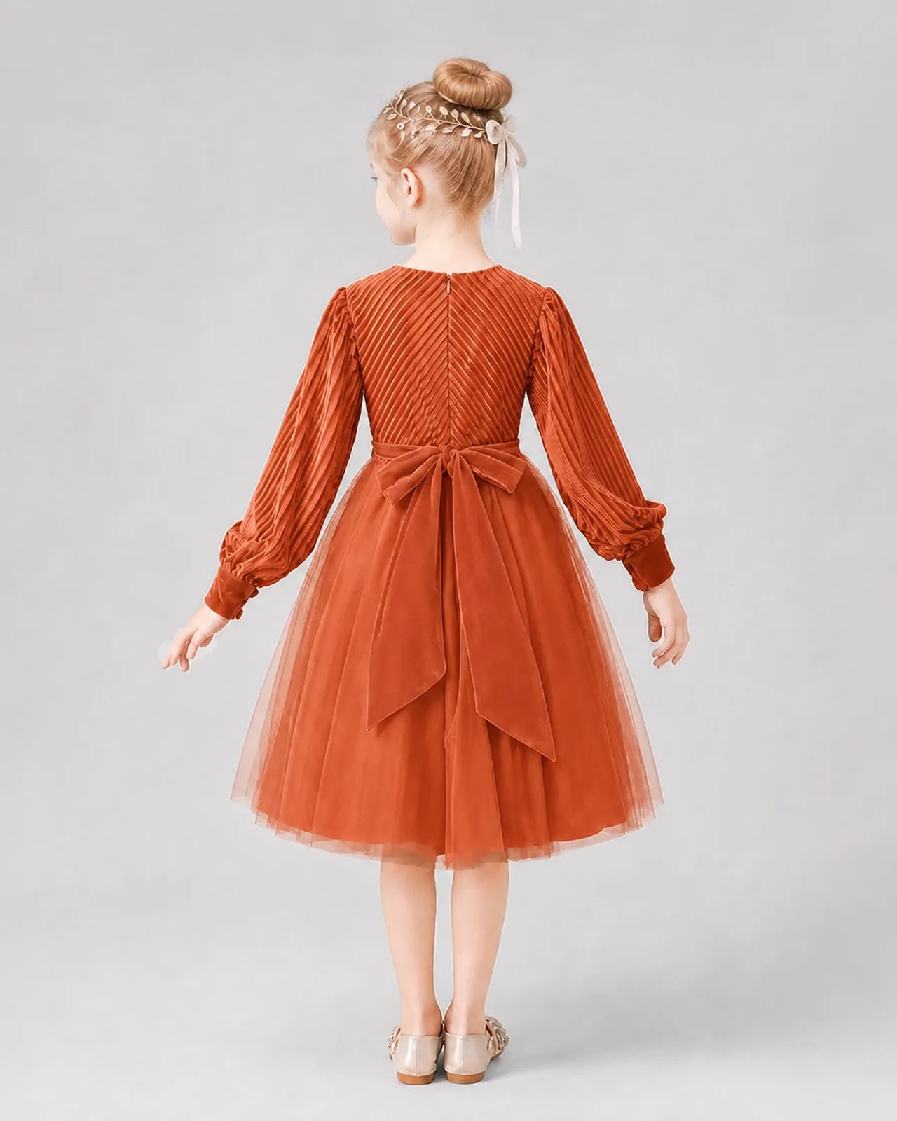 Burnt Orange Tulle A-line Girls Formal Dress Back View