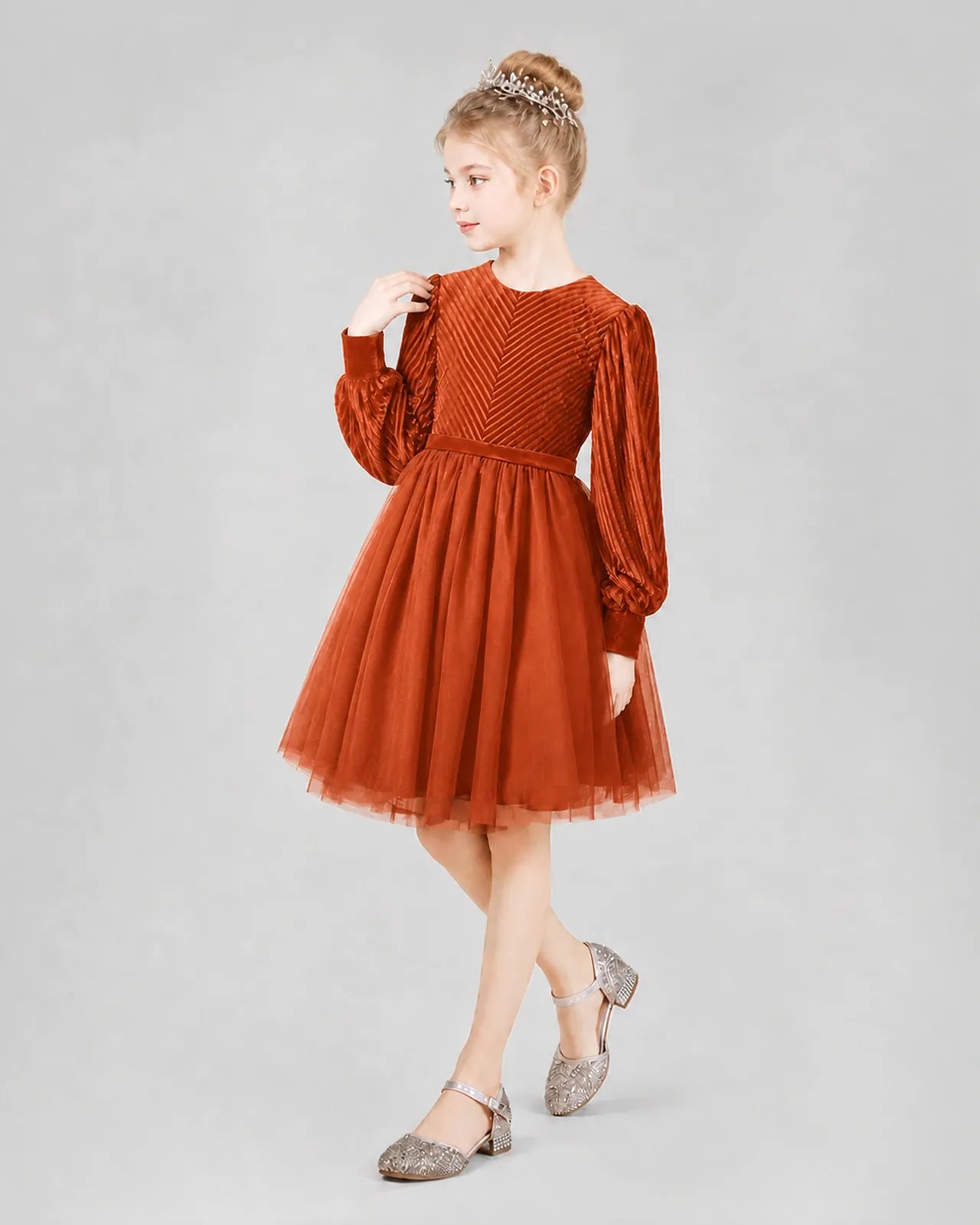 Burnt Orange Tulle A-line Girls Formal Dress Front View