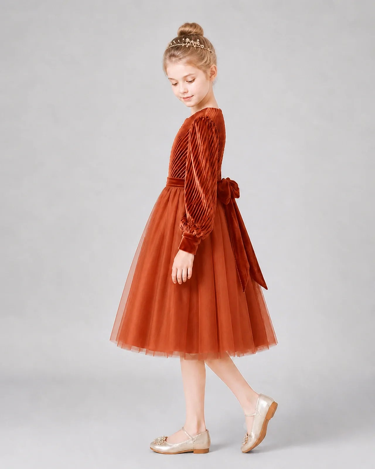 Burnt Orange Tulle A-line Girls Formal Dress Side View