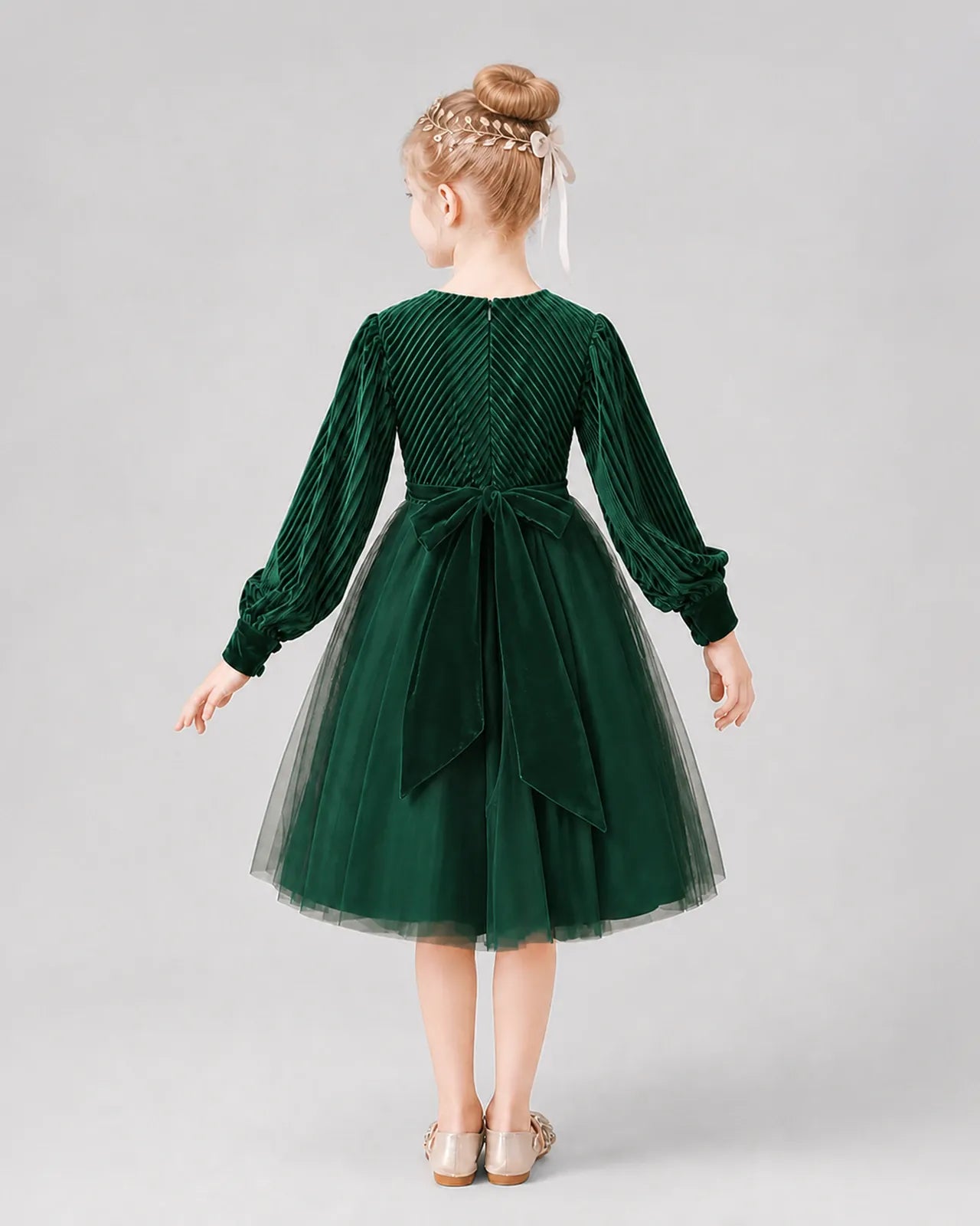 Dark Green Tulle A-line Girls Formal Dress Back View