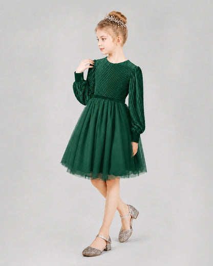 Dark Green Tulle A-line Girls Formal Dress Front View