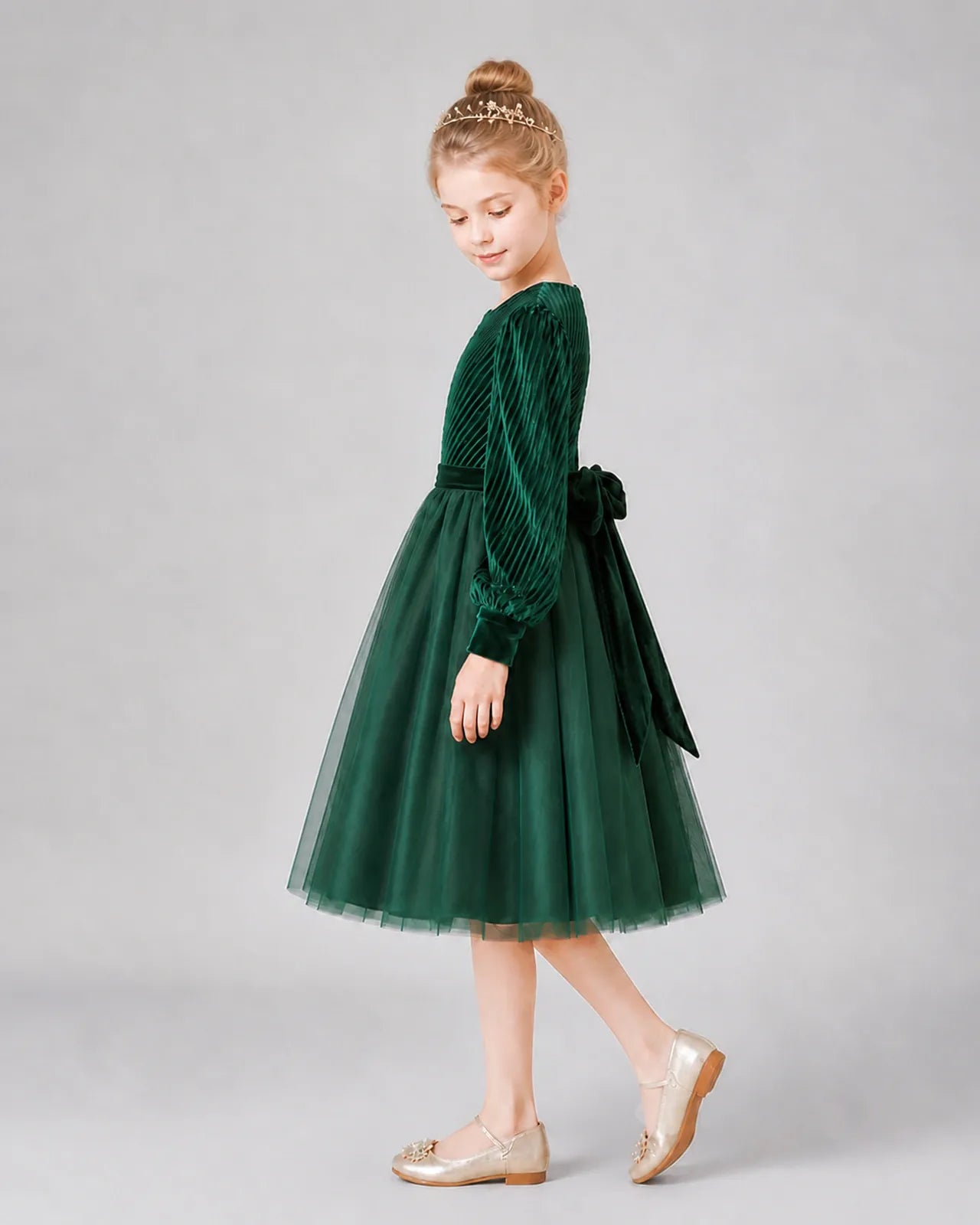 Dark Green Tulle A-line Girls Formal Dress Side View