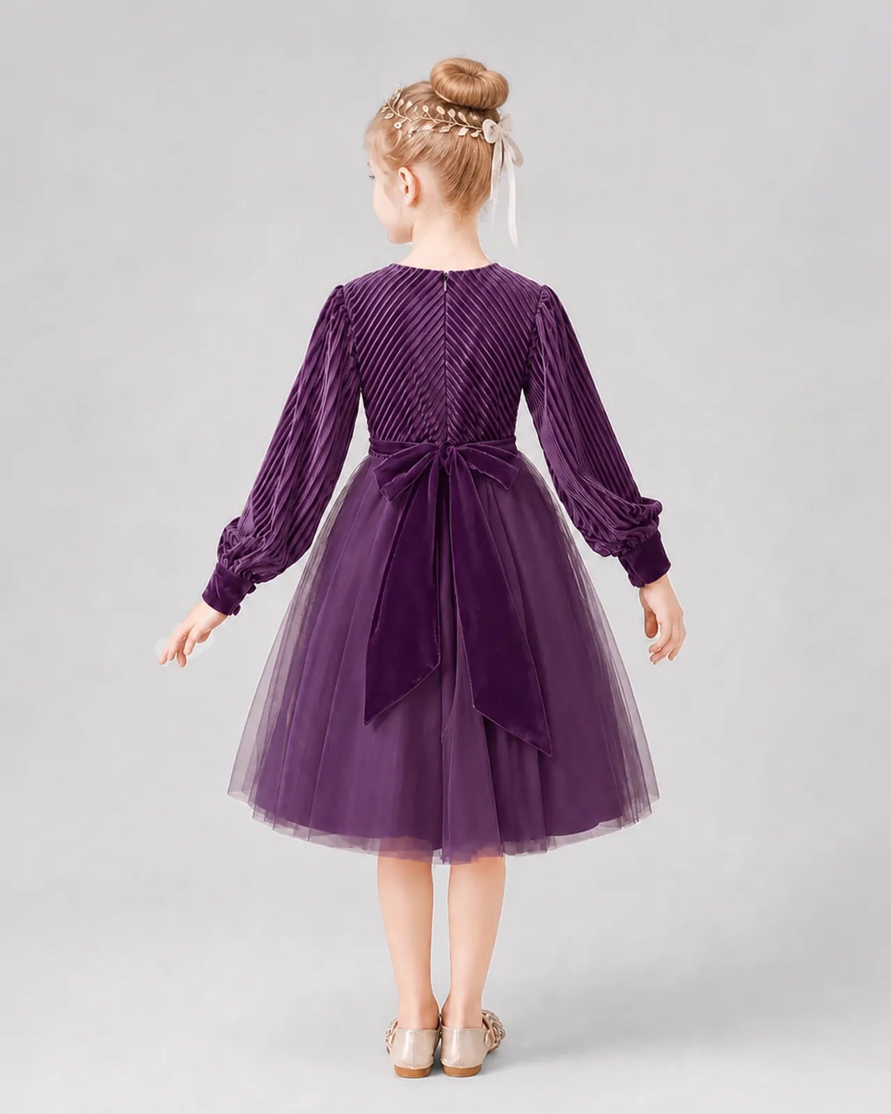 Grape Tulle A-line Girls Formal Dress Back View