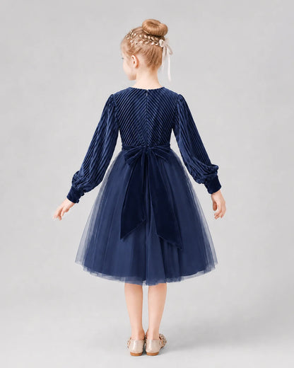 Navy Blue Tulle A-line Girls Formal Dress Back View
