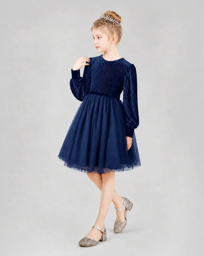 Navy Blue Velvet A-line Girls Formal Dress Front View