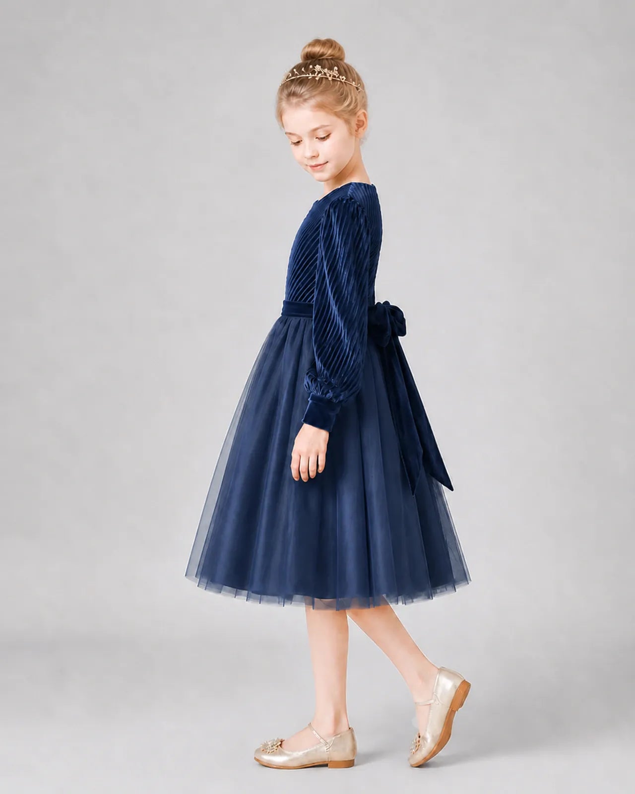 Navy Blue Tulle A-line Girls Formal Dress Side View