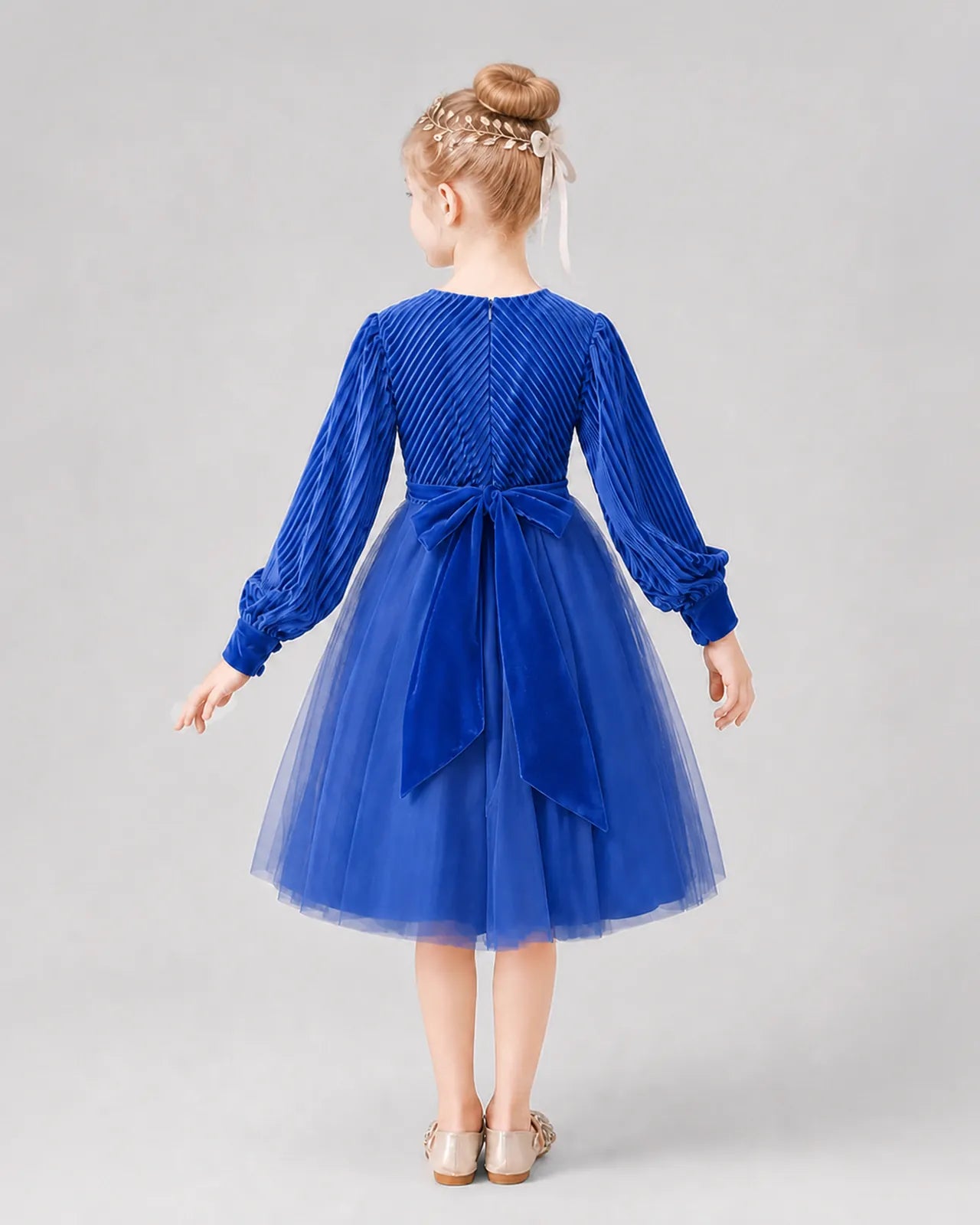 Royal Blue Tulle A-line Girls Formal Dress Back View
