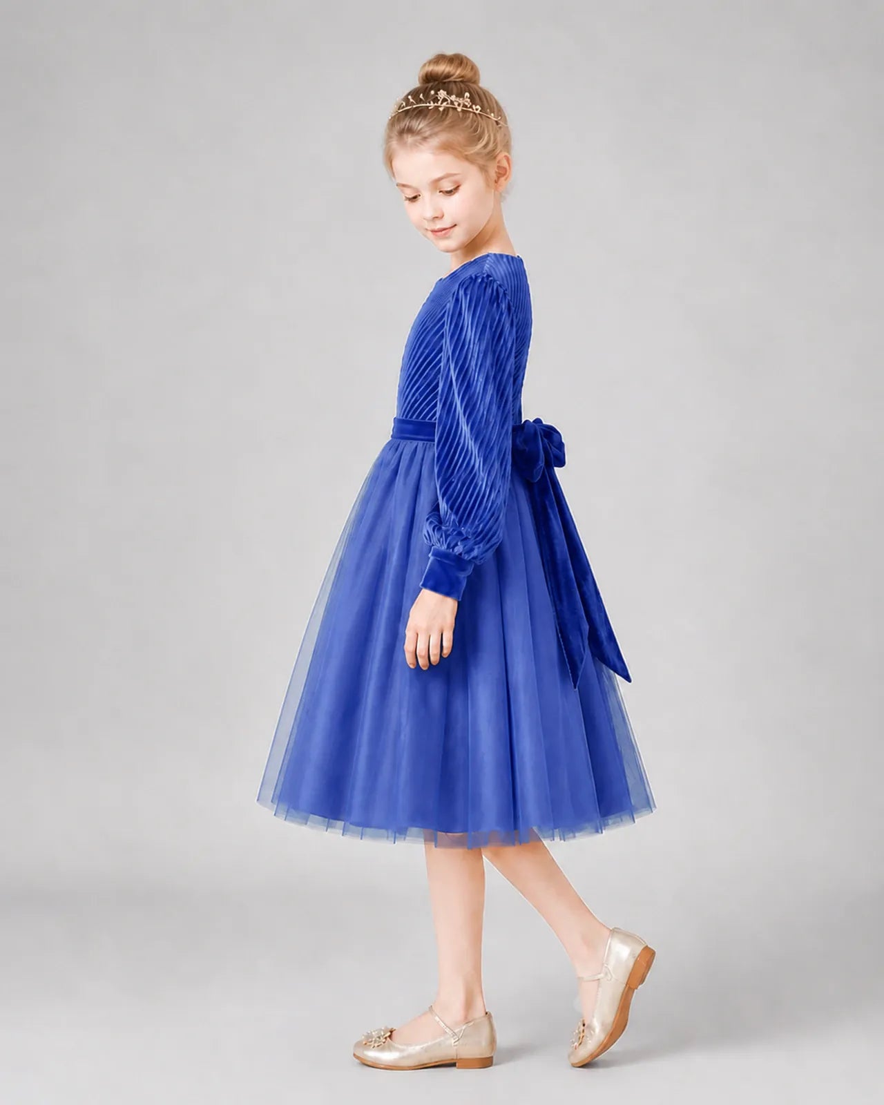 Royal Blue Tulle A-line Girls Formal Dress Side View
