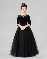 Black Velvet and Tulle A-line Girls Formal Dresses Front View