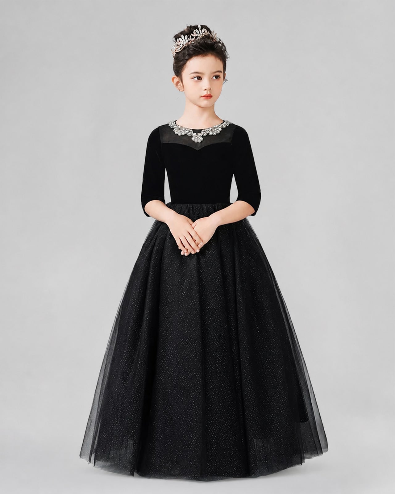Black Velvet and Tulle A-line Girls Formal Dresses Front View