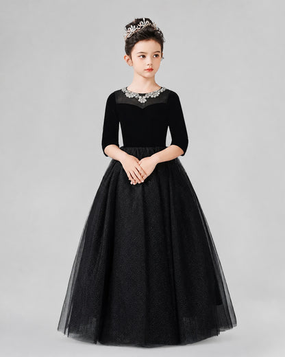 Black Velvet and Tulle A-line Girls Formal Dresses Front View