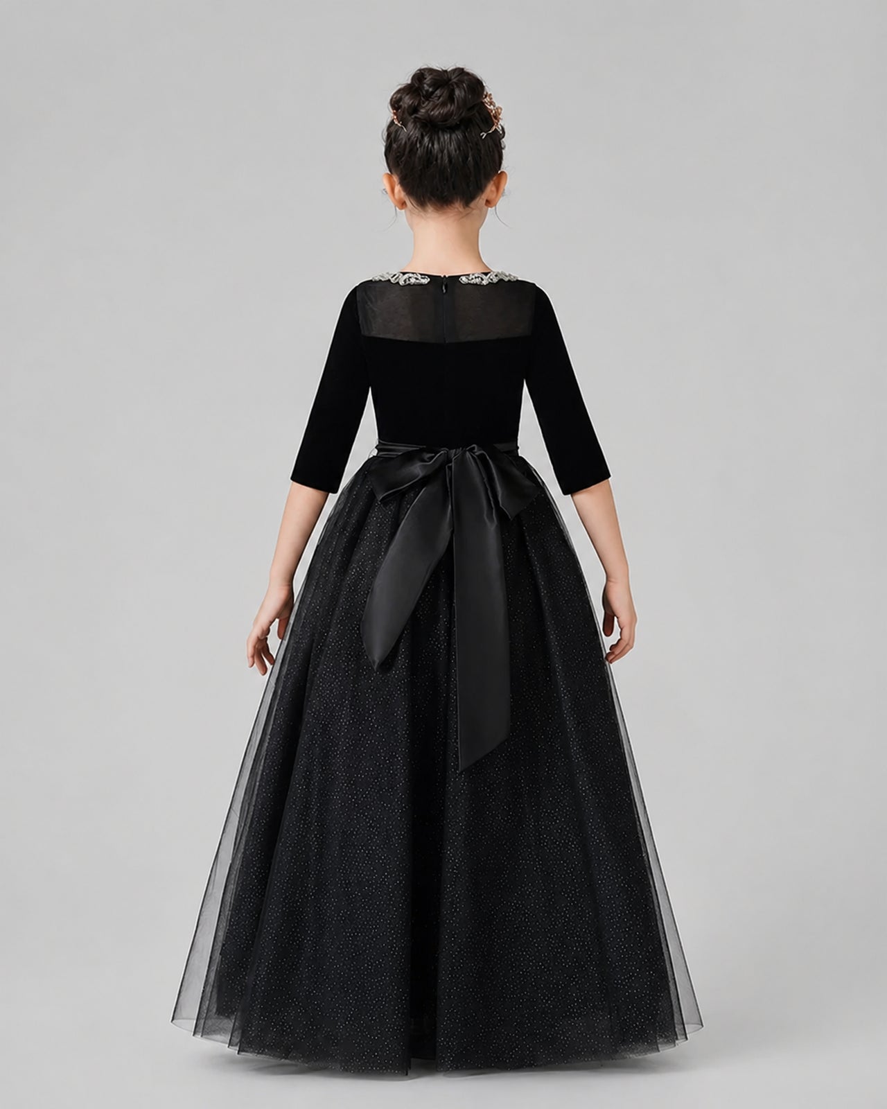 Black Velvet and Tulle A-Line Girls Formal Dresses Back View