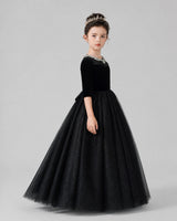 Black Velvet and Tulle A-Line Girls Formal Dresses Side View