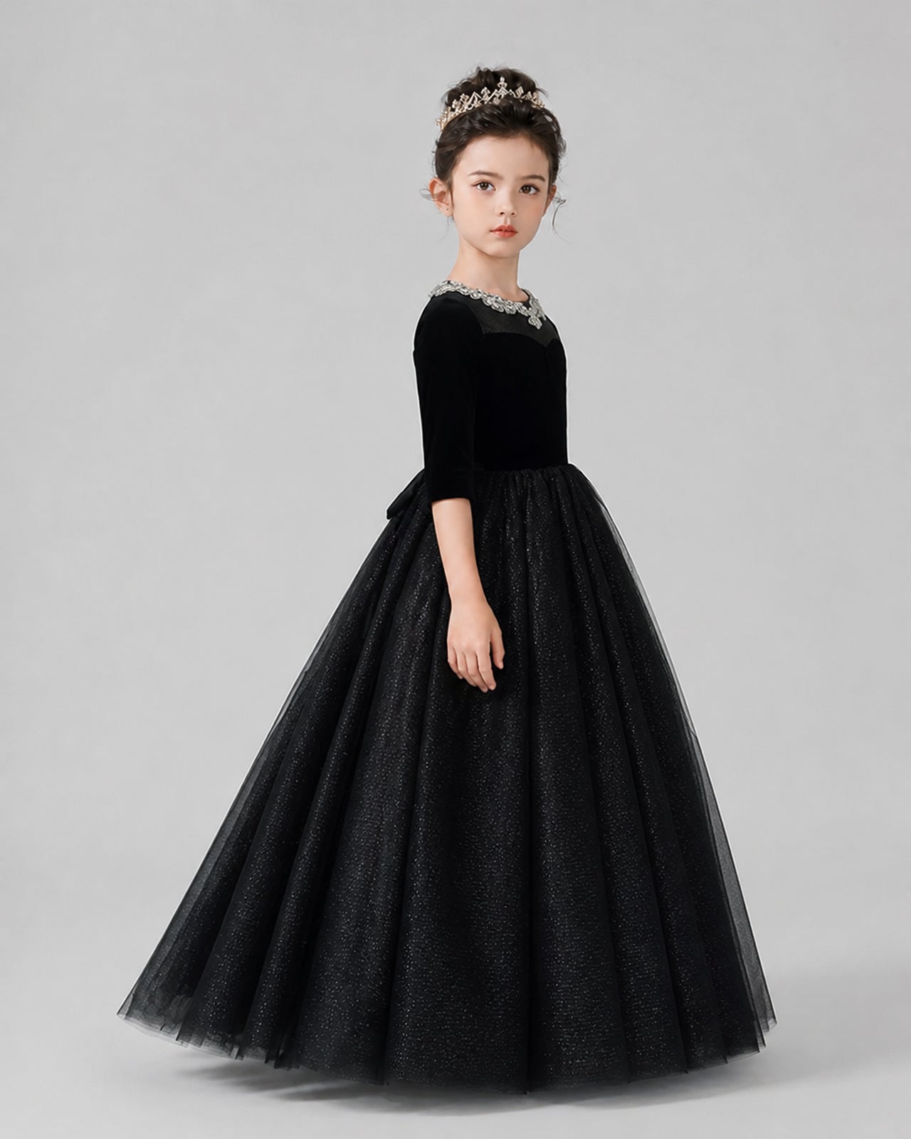Black Velvet and Tulle A-Line Girls Formal Dresses Side View
