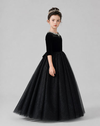 Black Velvet and Tulle A-Line Girls Formal Dresses Side View