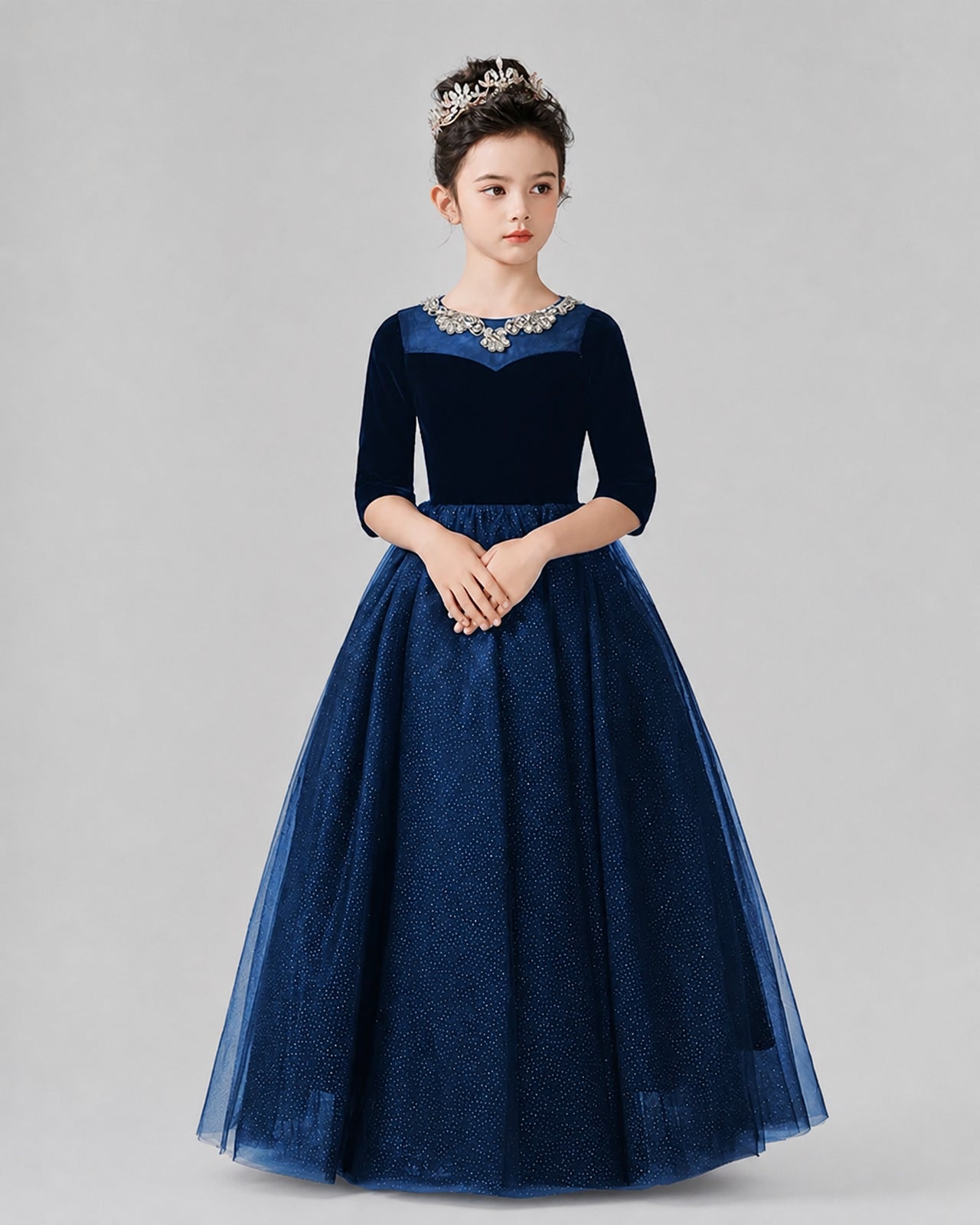 Blue Velvet and Tulle A-Line Girls Formal Dresses Front View