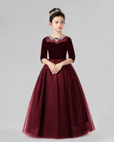 Burgundy velvet tulle A-line gown Girls Formal Dresses Front View
