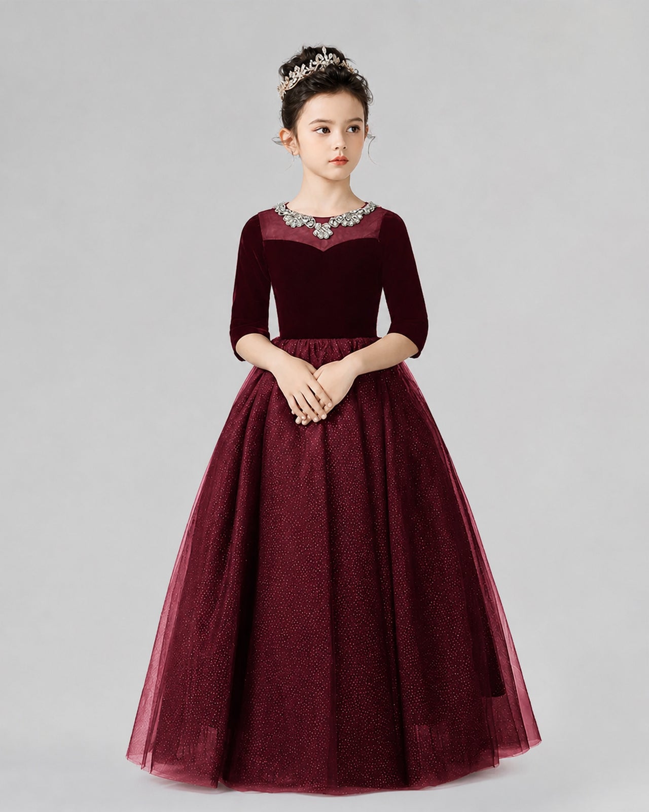 Burgundy velvet tulle A-line gown Girls Formal Dresses Front View