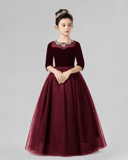 Burgundy velvet tulle A-line gown Girls Formal Dresses Front View
