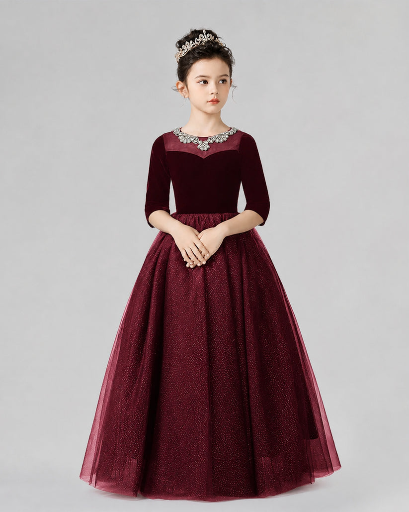 Burgundy velvet tulle A-line gown Girls Formal Dresses Front View