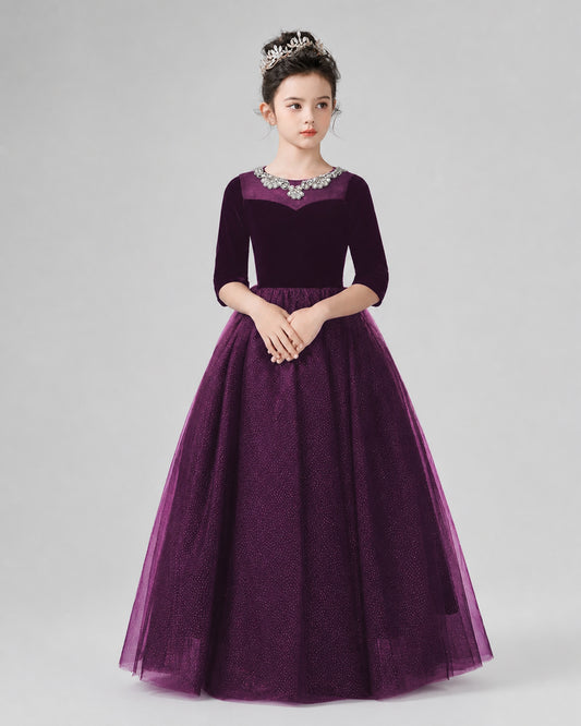 Dideyttawl Girls Formal Dress with Half Sleeves Velvet Bodice and Sparkly Tulle Skirt