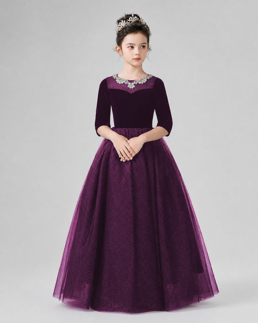 Purple Velvet and Tulle A-Line Girls Formal Dresses Front View
