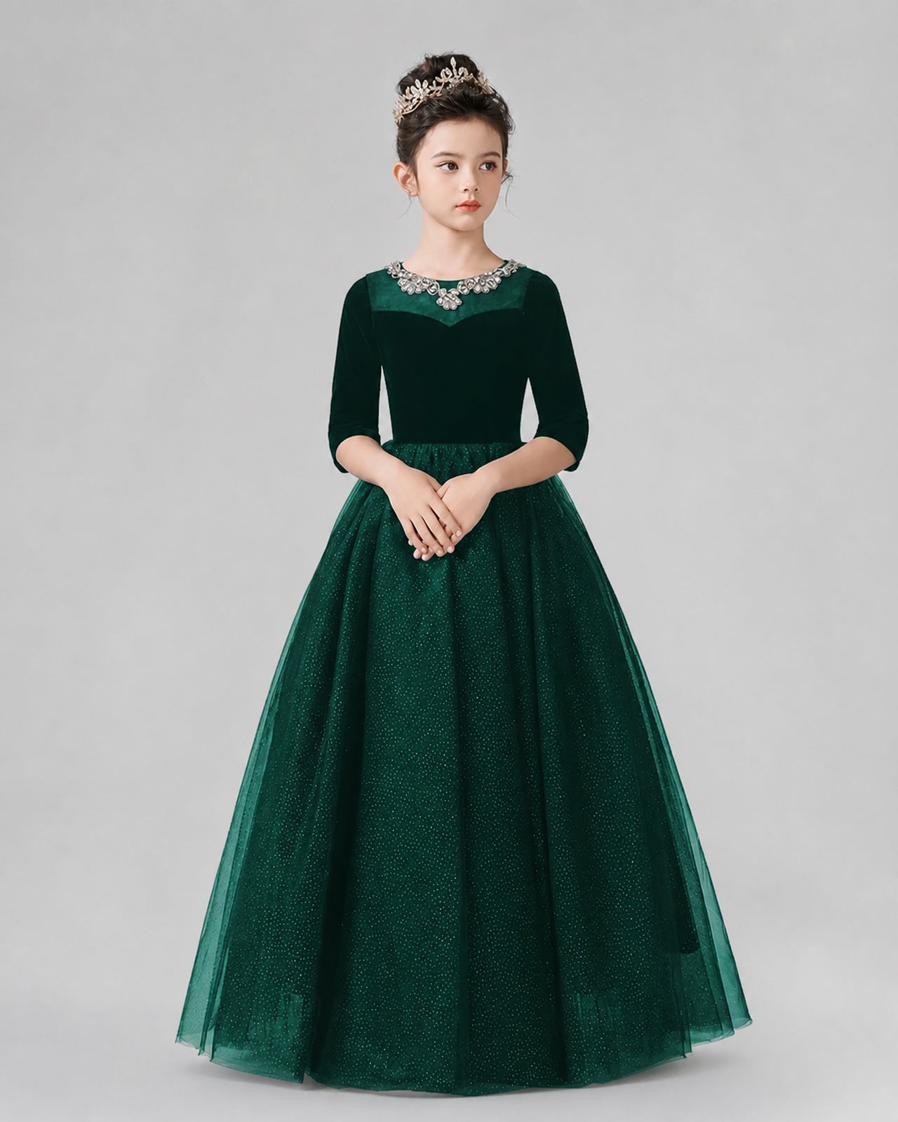 Green Velvet and Tulle A-line Girls Formal Dresses Side View