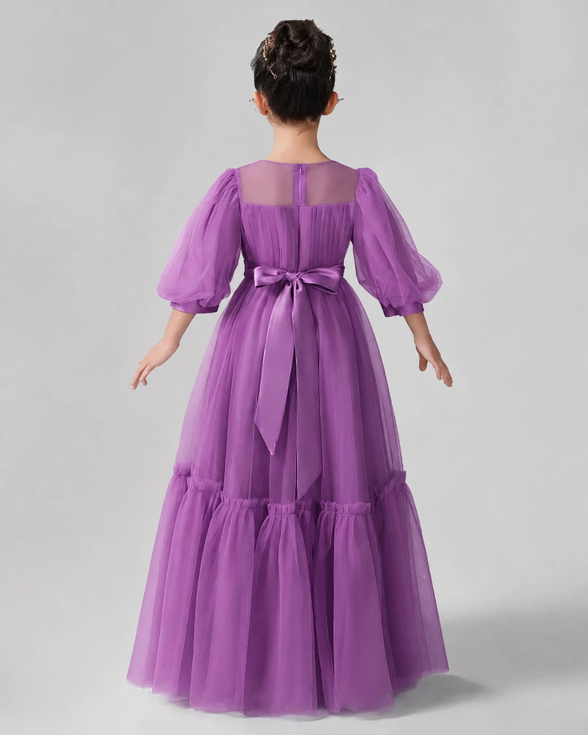 Purple Satin Tulle A-line Girls Formal Dress Side View