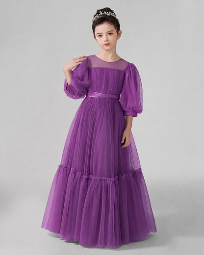 Purple Satin Tulle A-line Girls Formal Dress Side View