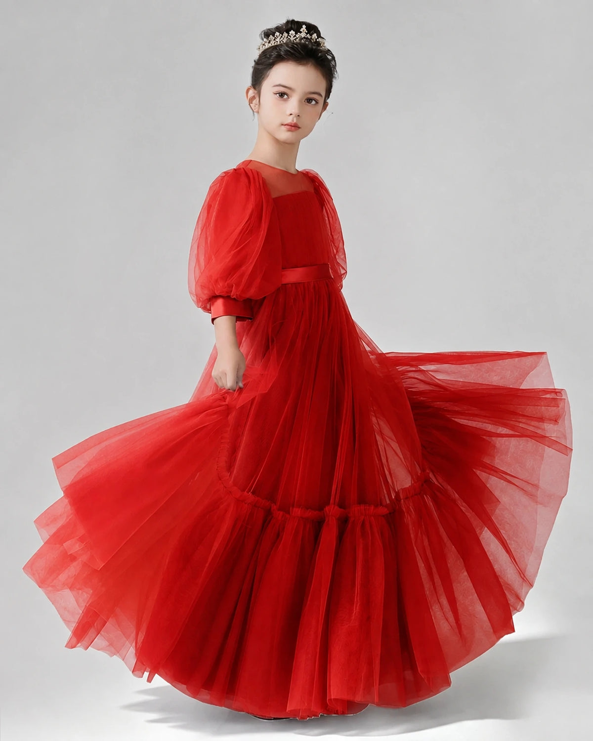 Red Satin Tulle A-line Girls Formal Dress Side View