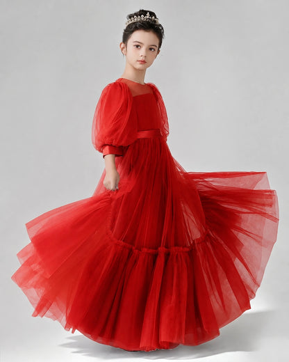 Red Satin Tulle A-line Girls Formal Dress Side View