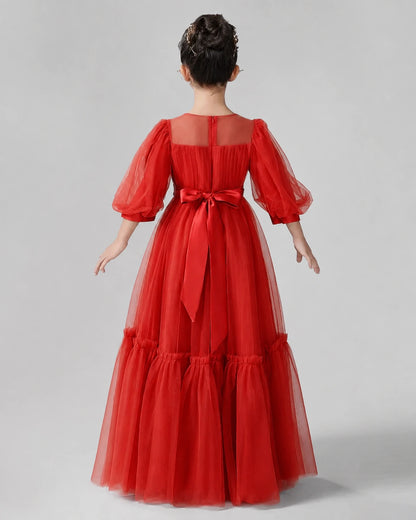 Red Satin Tulle A-line Girls Formal Dress Side View