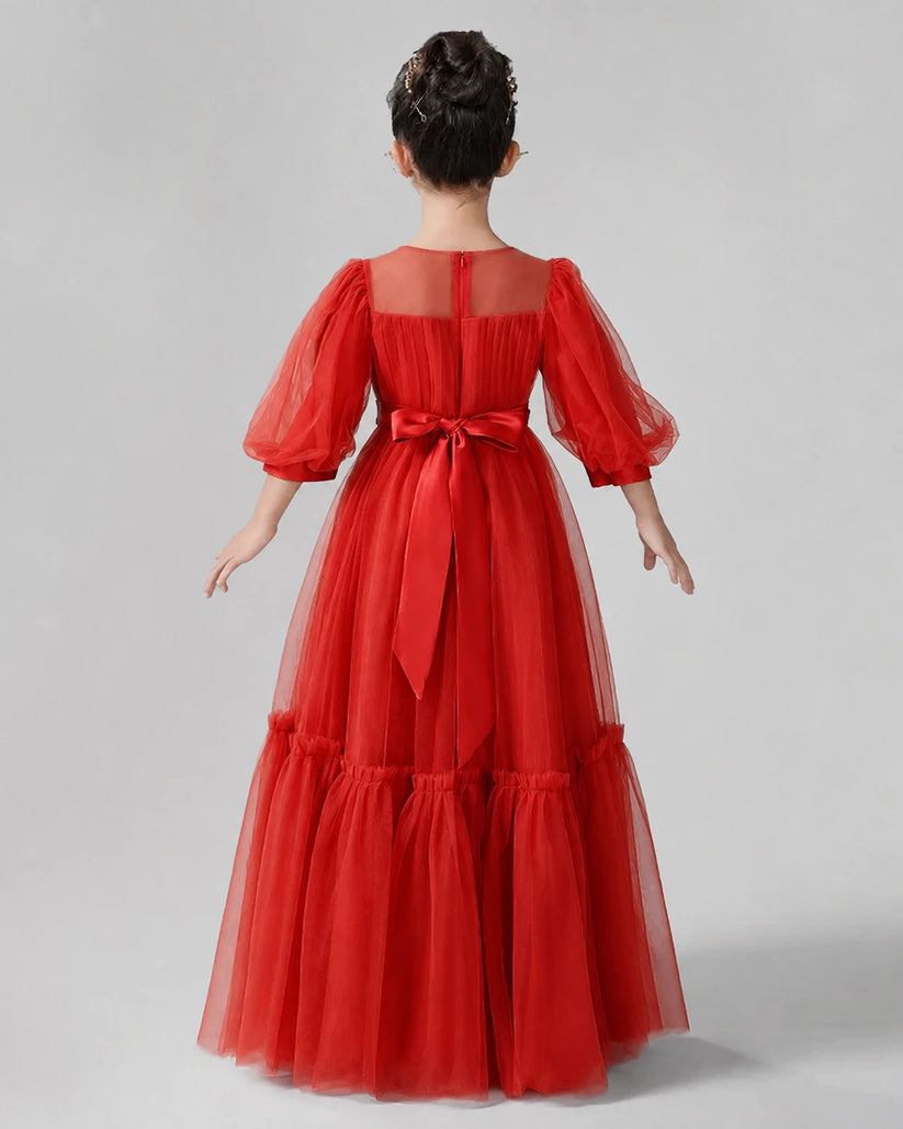 Red Satin Tulle A-line Girls Formal Dress Side View