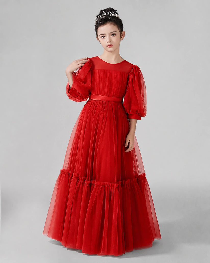 Red Satin Tulle A-line Girls Formal Dress Side View