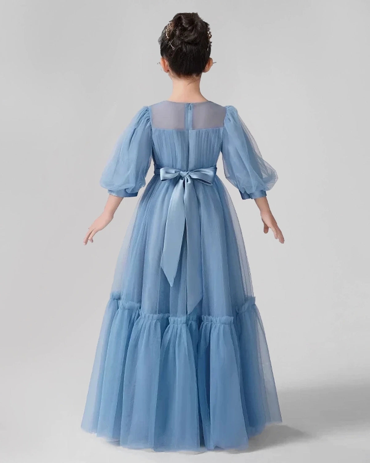 DustyBlue Satin Tulle A-line Girls Formal Dress Side View