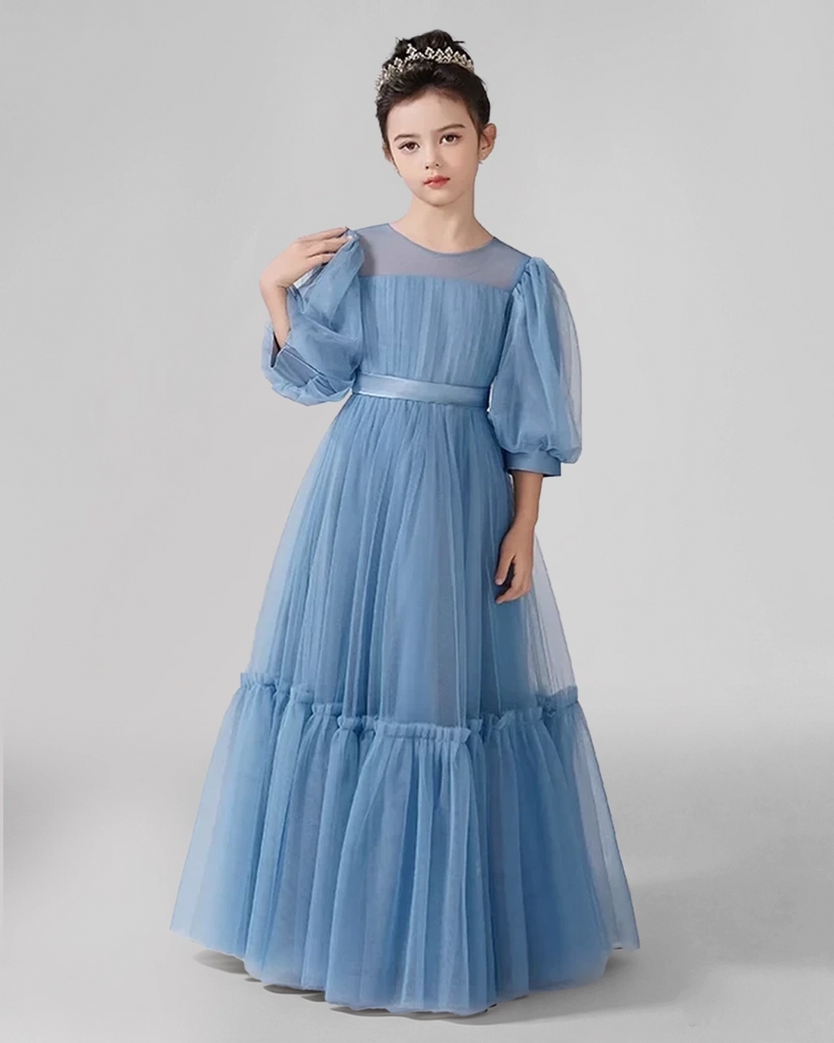 DustyBlue Satin Tulle A-line Girls Formal Dress Side View