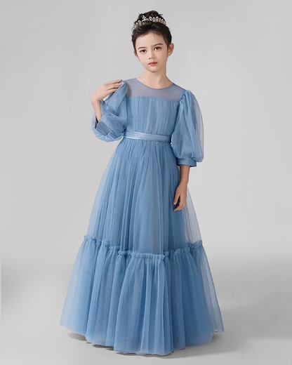 DustyBlue Satin Tulle A-line Girls Formal Dress Side View