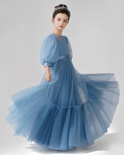 DustyBlue Satin Tulle A-line Girls Formal Dress Side View